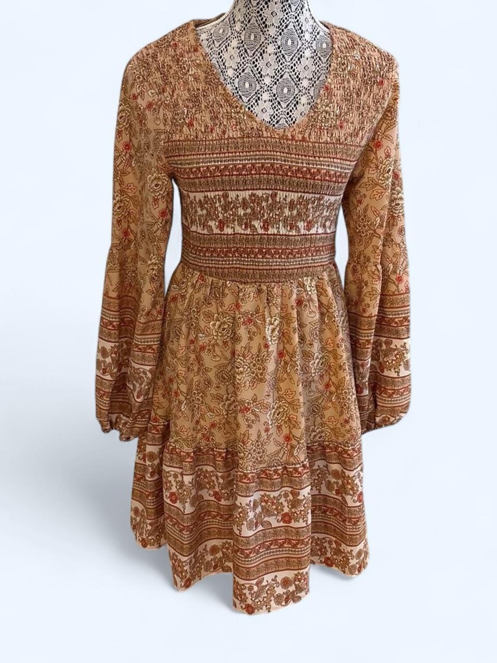 Boho Floral Long-Sleeve Mini Dress in Brown and Cream - Picture 2 of 4